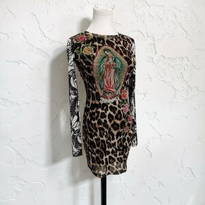 Ed Hardy Virgin Mary Leopard Mesh Dress XS Y2K Tattoo Bodycon NWT